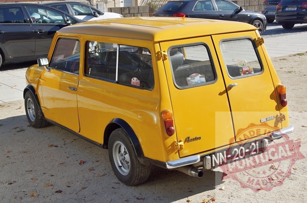 Yellow Austin Mini van showing vintage style | Austin Mini 1000 van parked outdoors, representing classic automotive design and retro transport - Realized with Pictrs.com