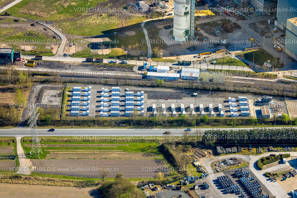 Werne250403019 | Luftbild, RWE Generation SE Kraftwerk Gersteinwerk, Standakkus zum Stromspeichern, innovative Batteriespeicher, Stockum, Werne, Ruhrgebiet, Nordrhein-Westfalen, Deutschland
