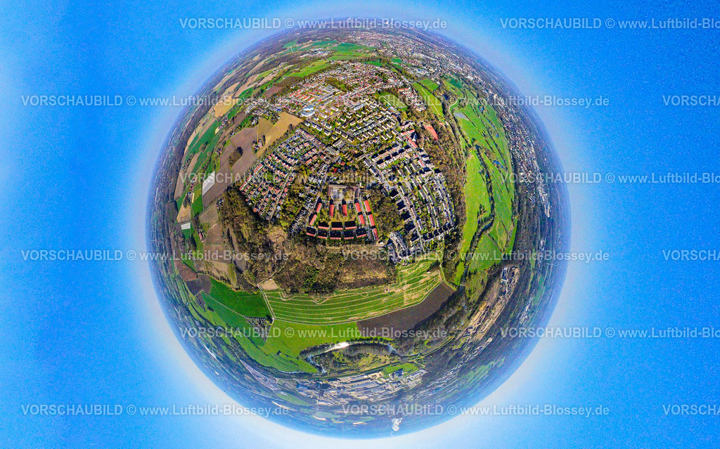 Luenen250490051Alstedde | Luftbild, Wohngebiet Ortsansicht Alstedde, Erdkugel, Fisheye Aufnahme, Fischaugen Aufnahme, 360 Grad Aufnahme, tiny world, little planet, fisheye Bild, Alstedde, Lünen, Ruhrgebiet, Nordrhein-Westfalen, Deutschland