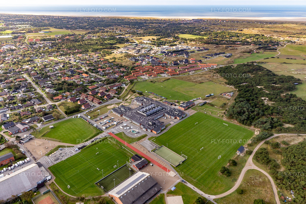 Aerial view: School and library in the district Nordby in Fanø in the state South Denmark, Denmark.Photo: IMG_118562.jpg taken on 09/21/2019 by Werner Riehm/FLY-FOTO.comResolution of the original: 5205 x 3470 px