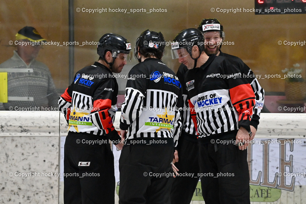EC Hornets Spittal vs. ESC Steindorf 23.2.2024 | WIDMANN Floria Referee, MIKE David Norbert Referee, DREIER Alexander Referee, Grimmiger Raphael Referee, EC Hornets Spittal vs. ESC Steindorf 23.2.2024, EC Hornets Spittal vs. ESC Steindorf 23.2.2024 am 23.02.2024 in Spittal an der Drau (Eissportzentrum Spittal), Austria, (Photo by Bernd Stefan)