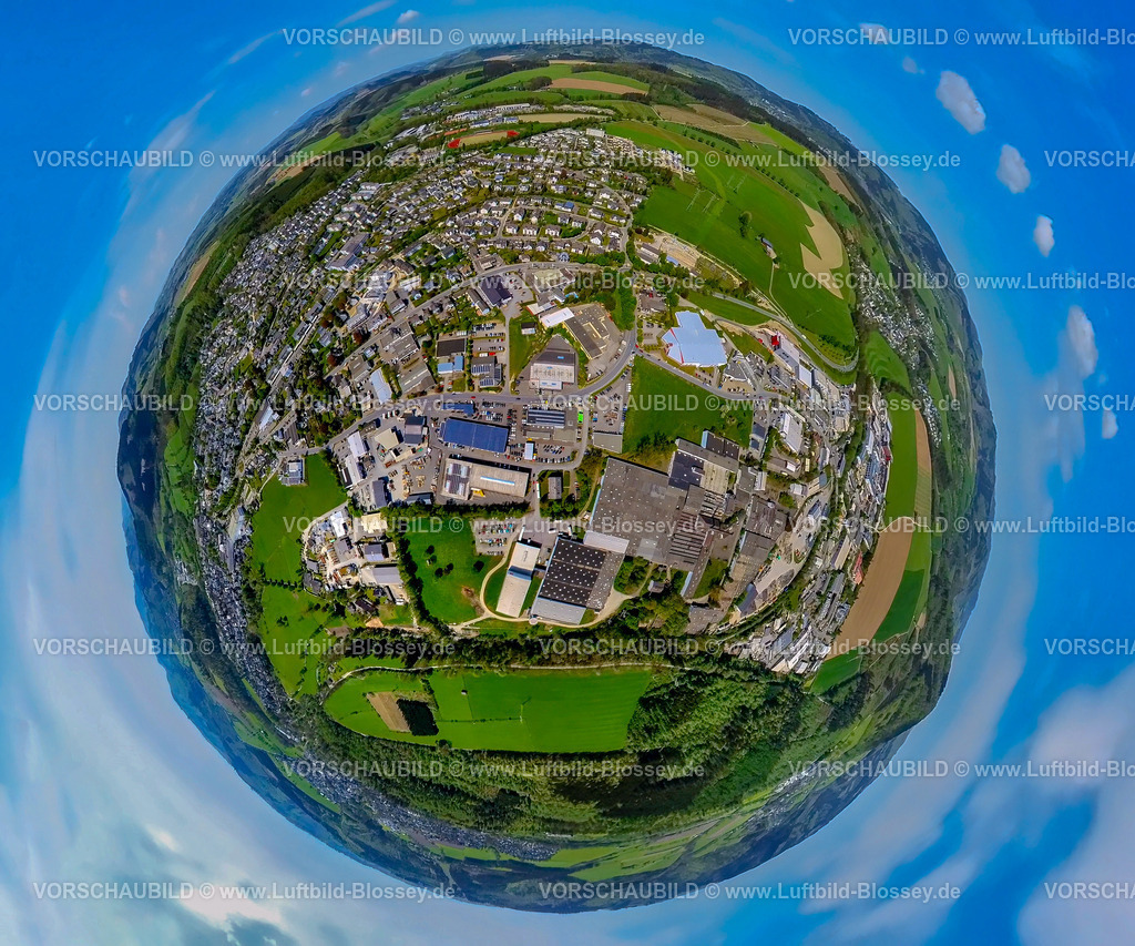 Schmallenberg240590324GewerbegebietImBrauke_Falke | Luftbild, Gewerbegebiet Im Brauke, Erdkugel, Fisheye Aufnahme, Fischaugen Aufnahme, 360 Grad Aufnahme, tiny world, little planet, fisheye Bild, , Schmallenberg, Sauerland, Nordrhein-Westfalen, Deutschland