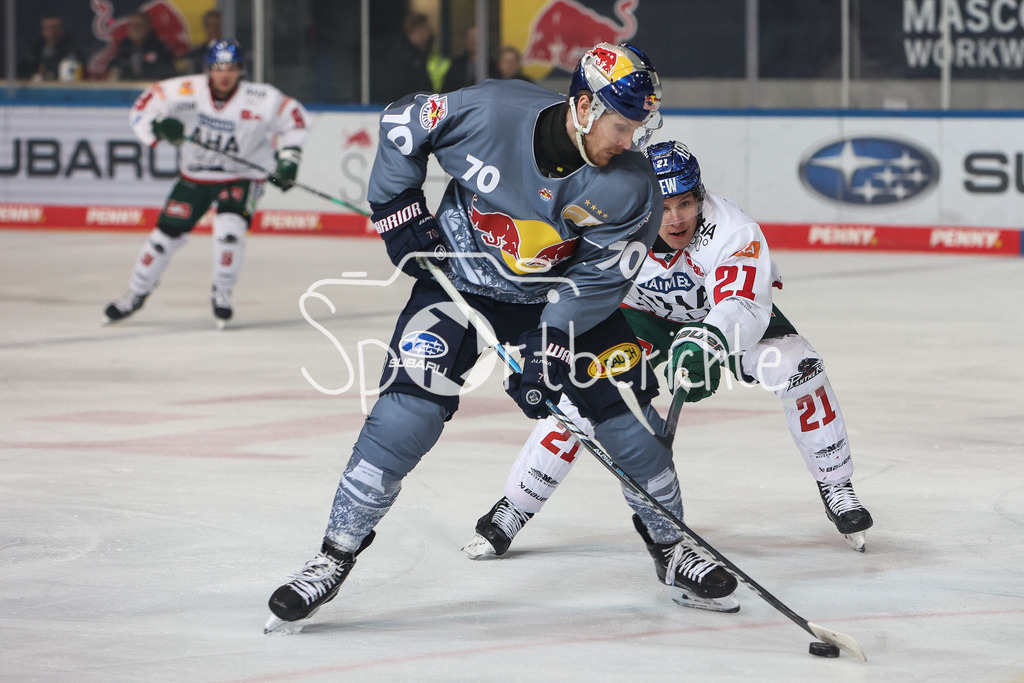 EHC München - Augsburger Panther | im Duell Maximilian DAUBNER (RBM #70) ud Jere KARIJALAINEN (AEV #21) / Zweikampf