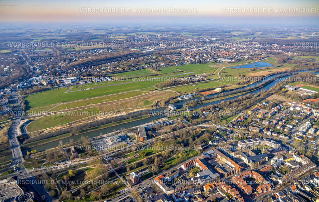 Hamm240305202 | Luftbild, Erlebensraum Lippeaue, Fluss Lippe und Datteln-Hamm-Kanal, Schleuse Hamm, Flugplatz Hamm Lippewiesen, Gymnasium Hammonense und Wassersportzentrum, Stadtbezirk Heessen, Hamm, Ruhrgebiet, Nordrhein-Westfalen, Deutschland