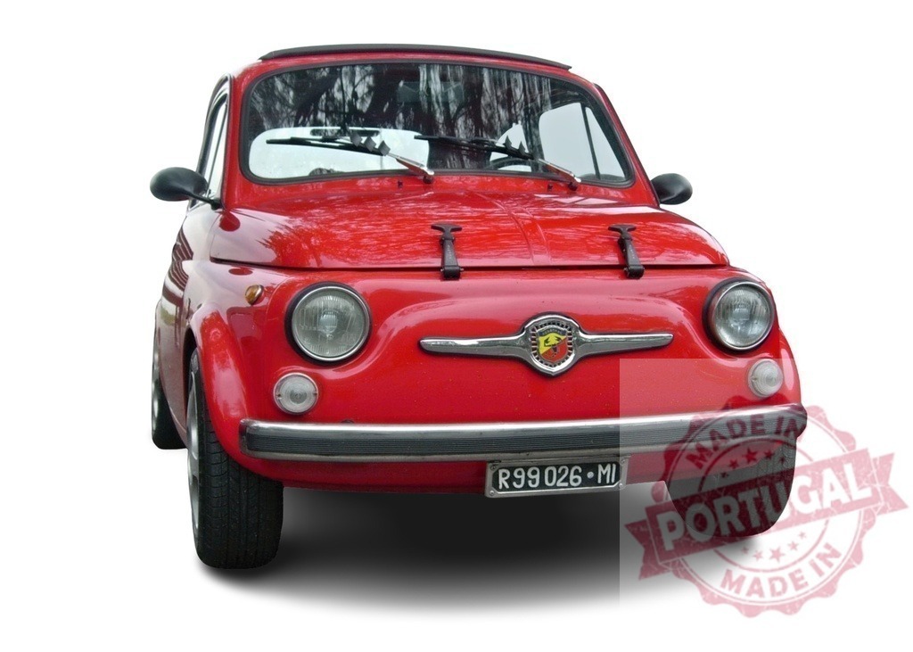 Classic red Fiat 500 parked with hood latches holding down the small engine cover | Shiny red Fiat 500 with open top and hood latches holding the small engine cover down - Realized with Pictrs.com