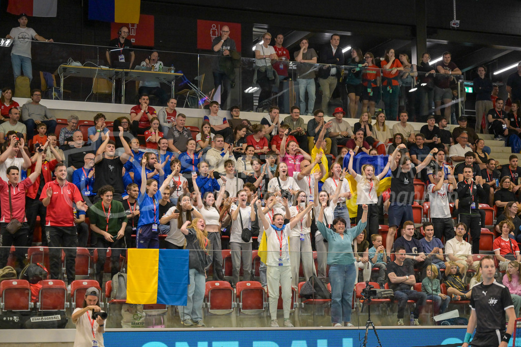 Men's 3v3 WFC 2025 - Championship Final - Switzerland v Ukraine | Supporters of team Ukraine, during Men's 3v3 WFC 2025 - Championship Final, Switzerland: 03.05.2025, Winterthur, AXA ArenaEvent page: <a href="https://www.u19wfc2025.ch/">www.u19wfc2025.ch</a>Credit: Markus Aeschimann, <a href="https://markus-aeschimann.ch">markus-aeschimann.ch</a>Instagram: <a href="https://instagram.com/sportfotografie.aeschimann">@sportfotografie.aeschimann</a> - Realisiert mit Pictrs.com