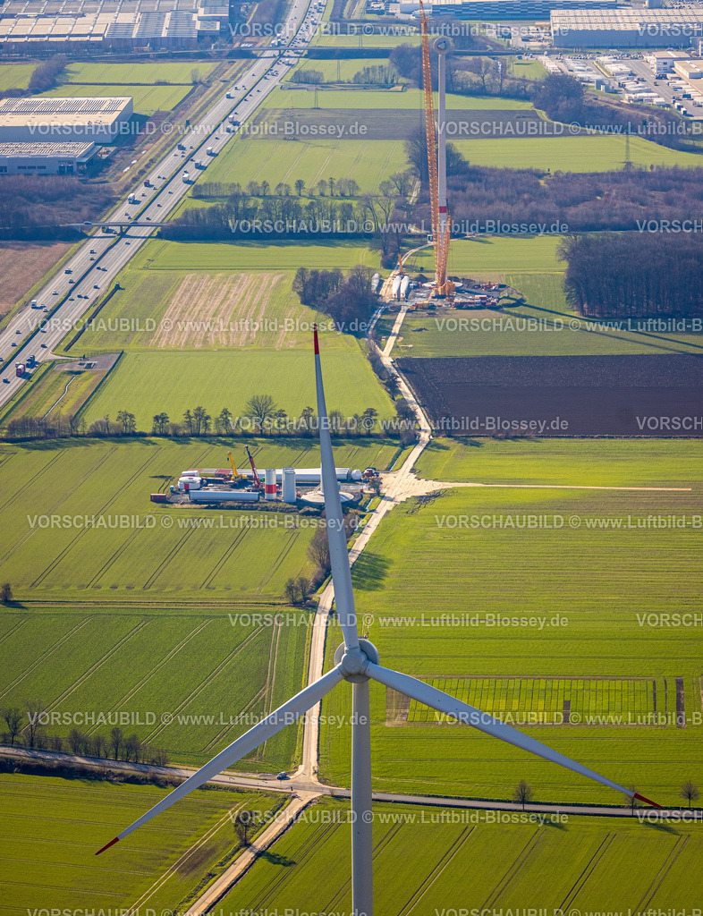 Hamm230216346 | Luftbild, Windrad Baustelle mit Neubau, am Hellweg nahe der Autobahn A2, Stadtbezirk Pelkum, Hamm, Ruhrgebiet, Nordrhein-Westfalen, Deutschland