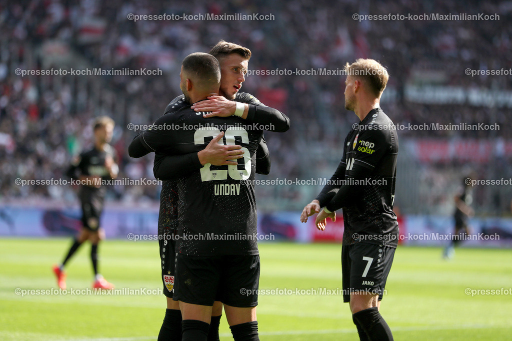 BMG14092402122 | 14.09.2024, 1. Fußball Bundesliga, Borussia Mönchengladbach - VfB Stuttgart, Borussia-Park, Saison 2024 2025: Torjubel Deniz Undav (VfB Stuttgart #26) nach 1:0 DFB regulations prohibit any use of photographs as image sequences and or quasi-video.