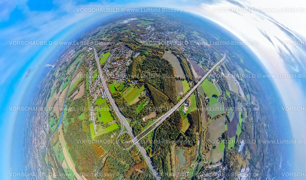 Dortmund20221006_1Sauerlandlinie-A2 | Luftbild, Autobahndreieck Dortmund-Nordwest, Autobahn A45 und Autobahn A2, Fisheye Aufnahme, Fischaugen Aufnahme, 360 Grad Aufnahme, Ickern, Castrop-Rauxel, Fisheyeaufnahme, Ruhrgebiet, Nordrhein-Westfalen, Deutschland