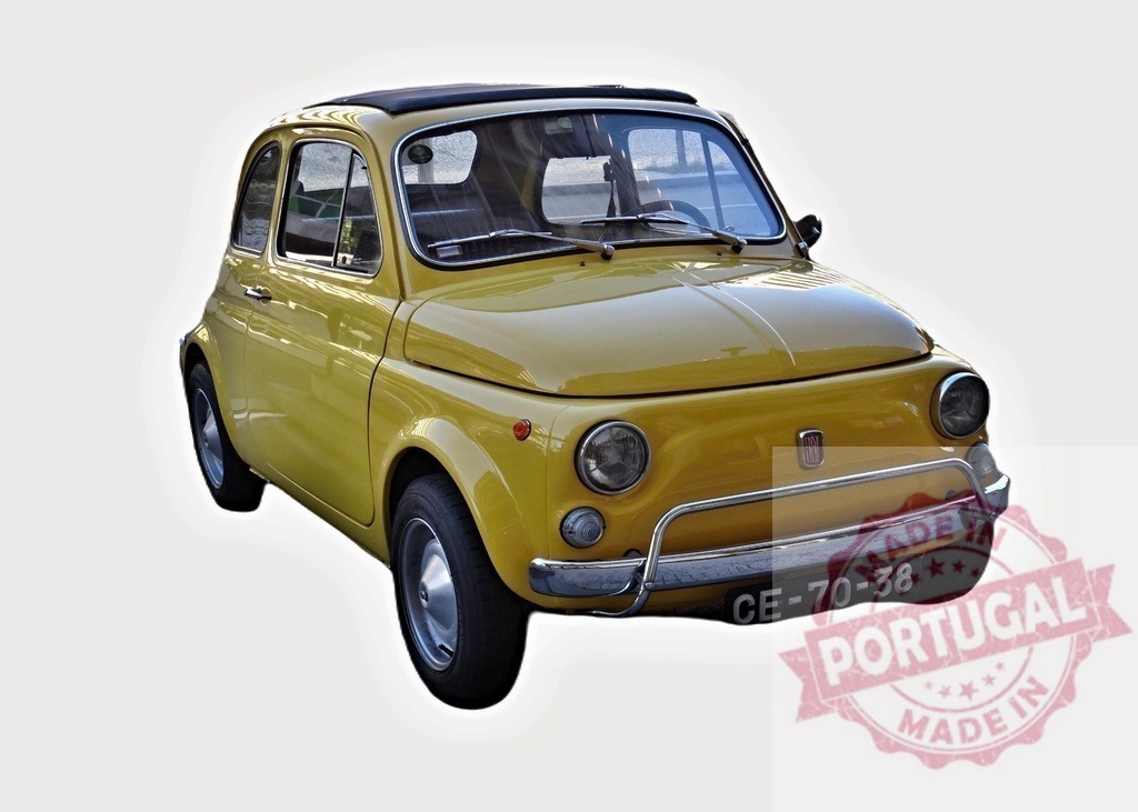 Classic yellow Fiat 500 posing on white background | Vintage yellow Fiat 500 car parked on a neutral background, showcasing its timeless design and iconic features - Realisiert mit Pictrs.com