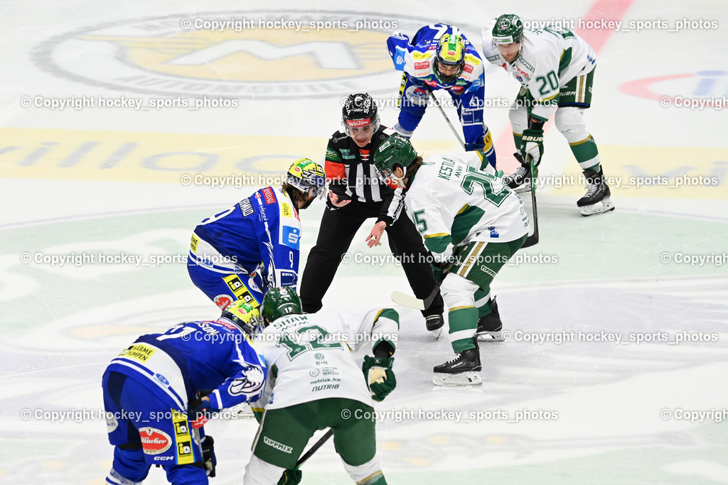 EC IDM WÄRMEPUMPEN VSV vs. FTC-TELEKOM JÉGKORONG | Eröffnungspully, #12 Braeden Shaw FTC-Telekom, #9 Alexander Rauchenwald EC VSV, #25 Aku Kestila FTC-Telekom, #46 Paul Sintschnig EC VSV, #20 Istvan Sofron FTC-Telekom, SMETANA LADISLAV Referee, EC IDM WÄRMEPUMPEN VSV vs. FTC-TELEKOM JÉGKORONG, EC IDM WÄRMEPUMPEN VSV vs. FTC-TELEKOM JÉGKORONG am 19.10.2025 in Villach (Stadthalle Villach), Austria, (Photo by Bernd Stefan)