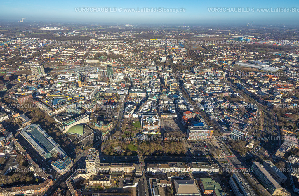 Dortmund240101553 | Luftbild, Übersicht Dortmund Zentrum, mit Hbf Hauptbahnhof, Wall, RWE Tower, Reinoldikirche, Rathaus und Friedensplatz, Schauspielhaus, Fernsicht, Verkehrssituation, City, Dortmund, Ruhrgebiet, Nordrhein-Westfalen, Deutschland