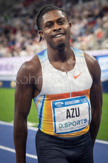ISTAF Indoor; Duesseldorf, 24.01.2026 | DUESSELDORF, GERMANY - JANUARY 24:  60m winner Jeremiah Azu (GBR) during the ISTAF Indoor Dusseldorf at PSD Bank Dome on January 24, 2026 in Duesseldorf, Germany. 