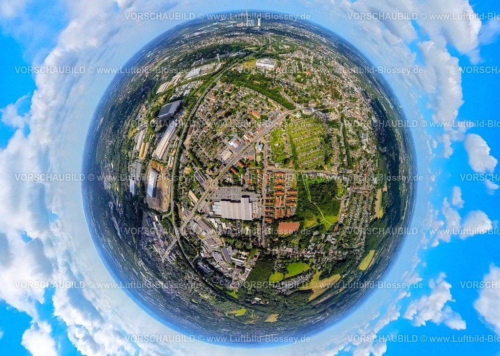 Herne230890071 Bochumer Strasse | Luftbild, Gewerbegebiet Güterbahnstraße, Ortsteil Herne-Süd mit Autobahn A43 zwischen Bochum-Riemke und Herne-Eickel, Wohnsiedlung zwischen Riemker Straße und Bochumer Straße, Hornbach Baumarkt, KleingärtnerVerein Herne Süd, Erdkugel, Fisheye Aufnahme, Fischaugen Aufnahme, 360 Grad Aufnahme, tiny world, Herne-Süd, Herne, Ruhrgebiet, Nordrhein-Westfalen, Deutschland