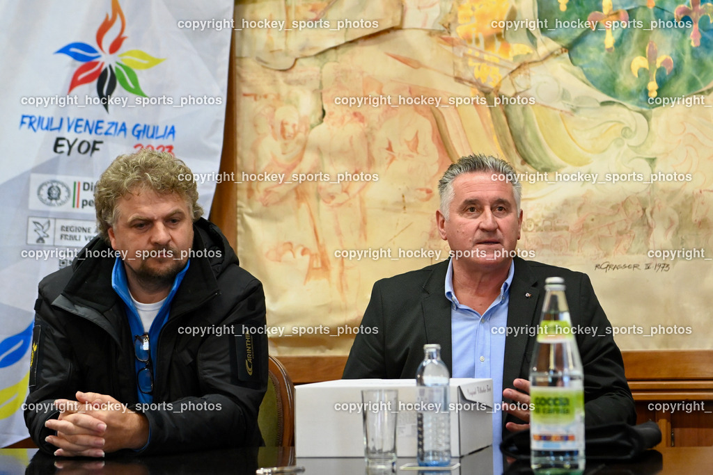 European Youth Olympic Festival EYOF 2023 Pressekonferenz | Präsident EC Hornets Spittal Wolfgang Lindner, Giuseppe Mion, 