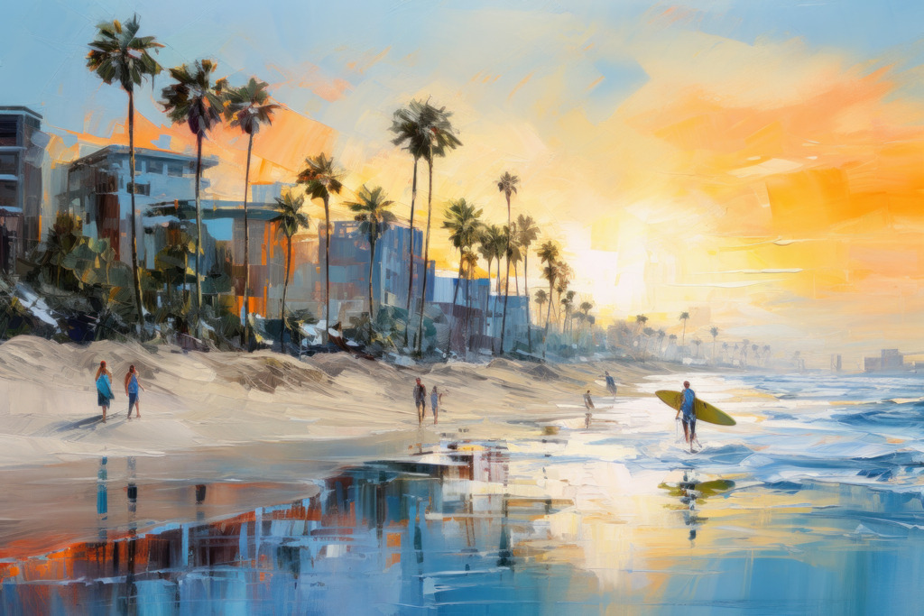 2307222 - Venice Beach Sunrise | Goldenes Licht am Venice Beach. Bestellen Sie unsere abstrakten digitalen Gemälde als hochwertige Kunstdrucke auf Leinwand, Acrylglas, Dibond oder als Poster.