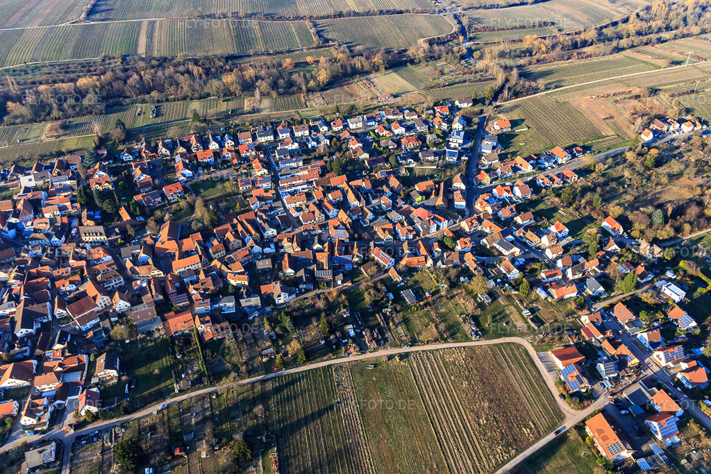 Luftbild: Ortsansicht von Süden im Ortsteil Arzheim in Landau im Bundesland Rheinland-Pfalz in Deutschland. Foto: IMG_130769.jpg vom 09.03.2022 durch Werner Riehm/FLY-FOTO.de