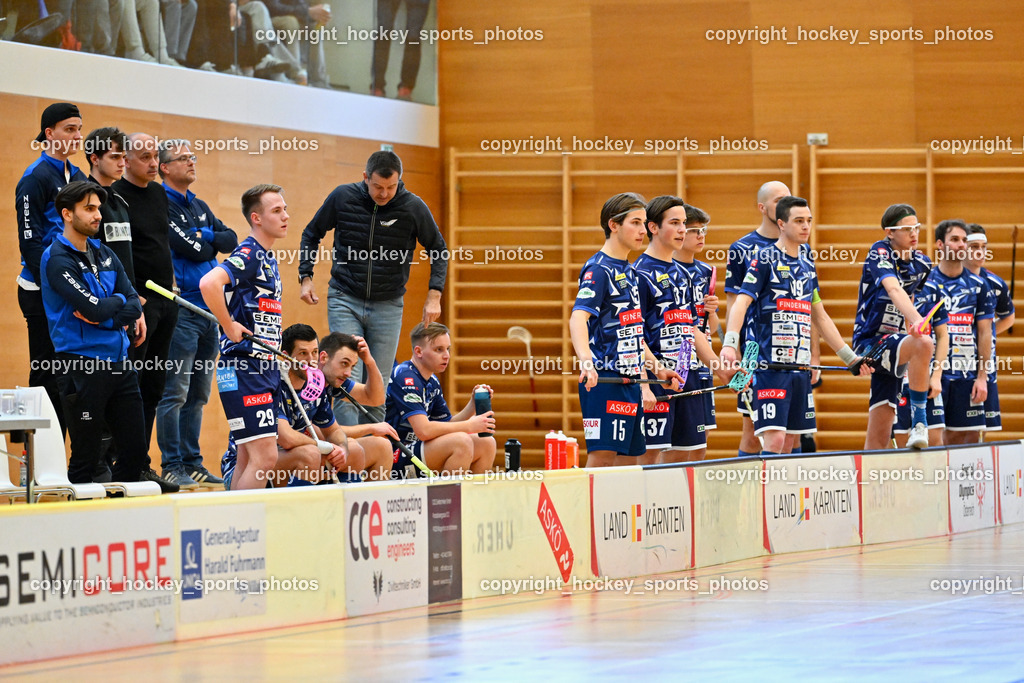 FBK Loka vs. VSV Unihockey | Spielerbank VSV Unihockey, FBK Loka vs. VSV Unihockey, FBK Loka vs. VSV Unihockey am 23.03.2025 in Villach (Ballspielhalle St. Martin), Austria, (Photo by Bernd Stefan)
