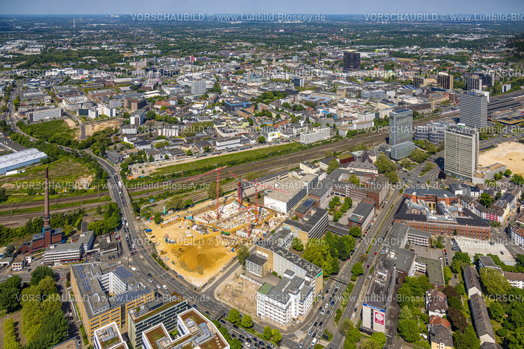Essen230511874 | Luftbild, Baustelle neues Literatur Quartier für Büros und Wohnungen an der Sachsenstraße, Südviertel, Essen, Ruhrgebiet, Nordrhein-Westfalen, Deutschland