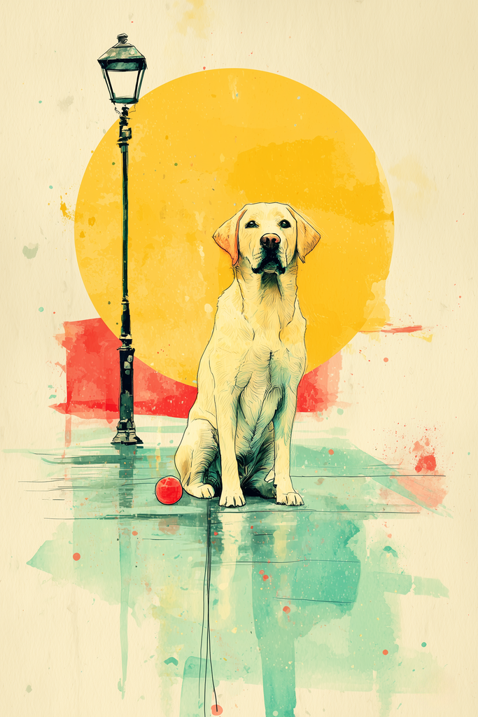 Poster: Urban Labs – Laternen-Moment – Labrador unter Straßenlaterne | Ruhige Stadtszene mit Labrador, Laterne und warmem Kreis, ergänzt durch Teal-Reflexe und Sprenkel. - Realisiert mit Pictrs.com
