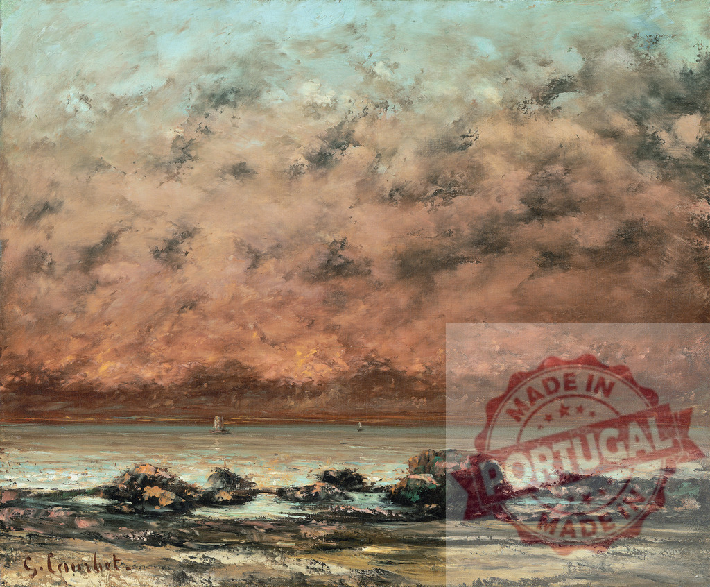 Gustave Courbet Gustave Courbet seascape with dark clouds and boats | Courbet painting depicting a cloudy sky over rocks, ocean, and boats - Realized with Pictrs.com