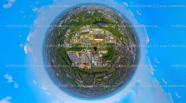 Dortmund230532006Phoenix-West-2 | Luftbild, Technologiepark Gewerbegebiet Phoenix West, Blick zum Westfalenpark und City, Erdkugel, Fisheye Aufnahme, Fischaugen Aufnahme, 360 Grad Aufnahme, Hörde, Dortmund, Ruhrgebiet, Nordrhein-Westfalen, Deutschland