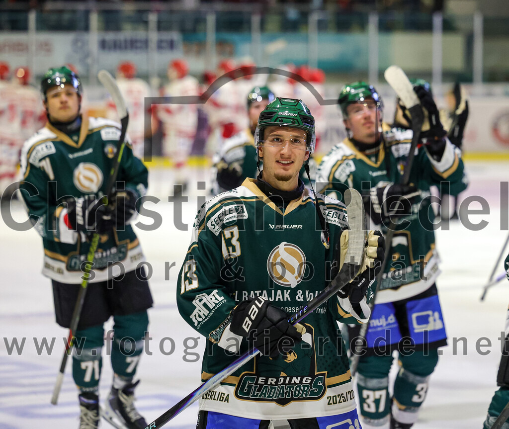 2025-09-12_198_TSV_Erding_gegen_EV_Landshut | Erding, Deutschland, 12.09.2025:Eishockey, Oberliga Süd 2025 / 2026, Testspiel, TSV Erding gegen EV Landshut, Endergebnis: 4:6Björn Salhi (Erding Gladiators, #13)Foto: Christian Riedel / fotografie-riedel.net