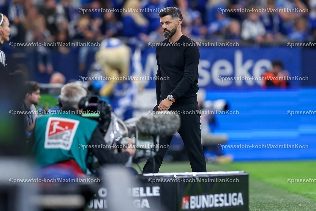 S0413092501094 | 13.09.2025, Fußball, FC Schalke 04 - Holstein Kiel, 5.Spieltag, 2. Fußball Bundesliga, Veltins-Arena Gelsenkirchen, Saison 2025 2026: Cheftrainer Miron Muslic (Schalke04) enttäuscht am Spielfeldrand DFB regulations prohibit any use of photographs as image sequences and or quasi-video.