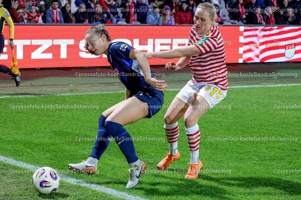 xSSCx09112501019 | 09.11.2025, xsscx, Frauen Fussball, 1. FC Koeln - TSG 1899 Hoffenheim, 1. Fuﬂball Bundesliga, 10. Spieltag, Franz-Kremer-Stadion, Saison 2025 2026: Jamilla Rankin (TSG Hoffenheim #5) im Zweikampf gegen Pauline Bremer (1. FC Koeln #11) DFB regulations prohibit any use of photographs as image sequences and or quasi-video.