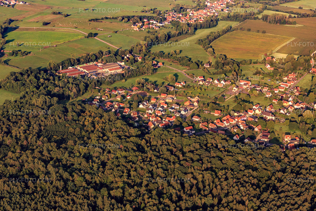 Aerial view: View of the town from the northeast in Biblisheim in the state Bas-Rhin, France. – Photo: IMG_138089.jpg taken on 08/19/2023 by Werner Riehm/FLY-FOTO.com – Resolution of the original: 5472 x 3648 px