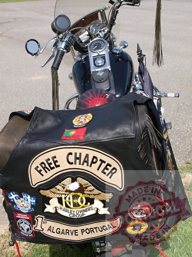 Harley-Davidson motorcycle with biker leather vest and patches | Harley Owners Group (HOG) leather vest with embroidered patches resting on a motorcycle - Realized with Pictrs.com