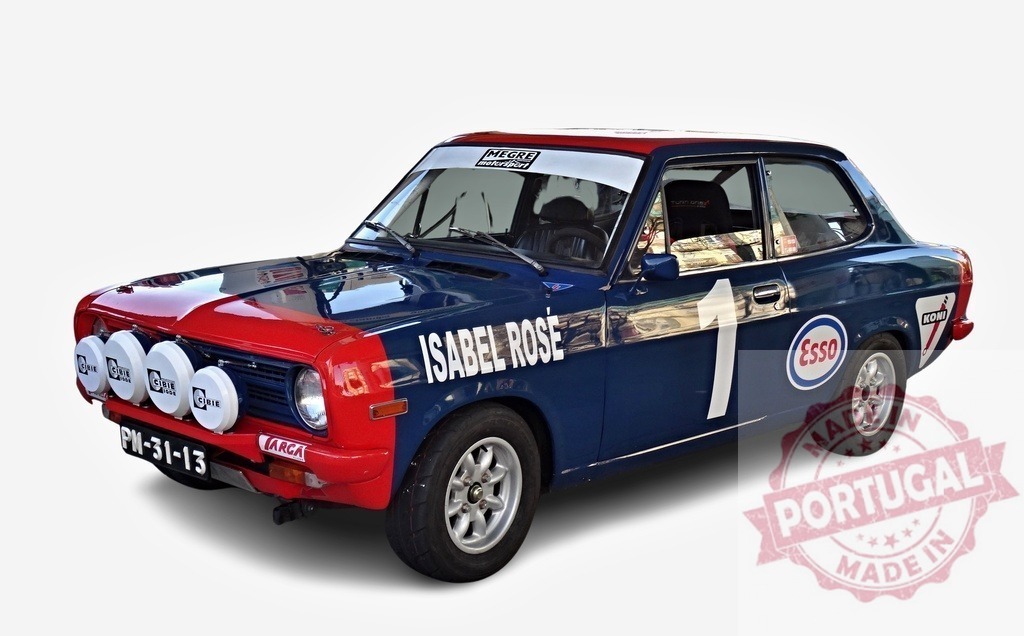 Datsun 1200 Coupe Rally Car Showing Isabel Rosé and Esso Sponsorship | Vintage Datsun 1200 rally car with Isabel Rosé and Esso sponsorship, showcasing motorsport history - Realized with Pictrs.com