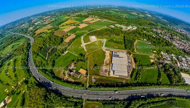 Wetter240590211GewerbegebietAnDenDreiEichen_Volmarstein | Luftbild, Goldbeck Firmengebäude, Baugebiet Gewerbepark Schwelmer Straße an der Autobahn A1, Starße An Den Drei Eichen, Wiesen und Felder, Erdkugel, Fisheye Aufnahme, Fischaugen Aufnahme, 360 Grad Aufnahme, tiny world, little planet, fisheye Bild, Grundschöttel, Wetter, Ruhrgebiet, Nordrhein-Westfalen, Deutschland