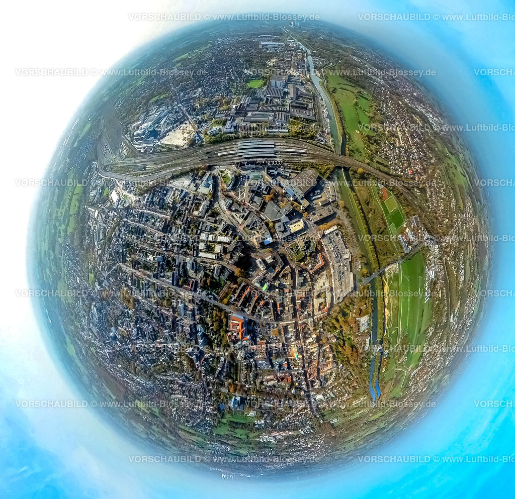 Hamm20221020_6-City | Luftbild, City Innenstadtansicht, Hamm (Westf) Hauptbahnhof, Datteln-Hamm-Kanal, Lippeumbau, Erlebensraum Lippeaue, Flugplatz, Fisheye Aufnahme, Fischaugen Aufnahme, 360 Grad Aufnahme, Hamm, Ruhrgebiet, Nordrhein-Westfalen, Deutschland