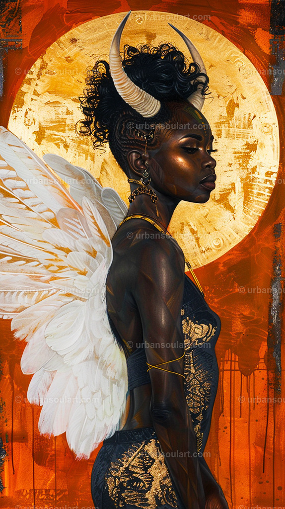 African Goddess With White Wings | A captivating portrait of an African goddess adorned with white wings and horns, set against a golden halo. Perfect for mystical or Afro-futuristic inspired decor. - Realisiert mit Pictrs.com