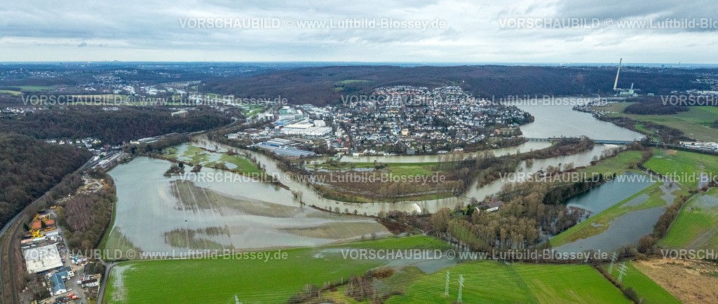 Wetter231201763Ruhr | Luftbild, Ruhrhochwasser, Weihnachtshochwasser 2023, Fluss Ruhr tritt nach starken Regenfällen über die Ufer, Überschwemmungsgebiet Ruhraue und Obergraben In den Weiden, Harkortsee mit Stadtansicht Wetter, Vorhalle, Hagen, Ruhrgebiet, Nordrhein-Westfalen, Deutschland