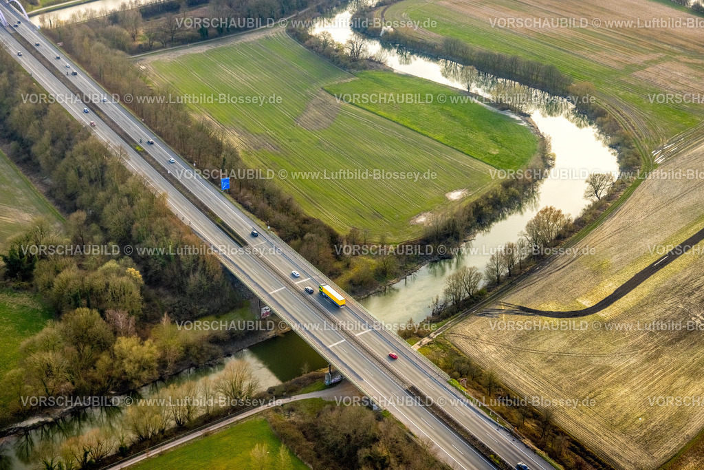 Hamm240305831 | Luftbild, Autobahn A1 und Lippebrücke über den Fluss Lippe, Stadtbezirk Herringen, Hamm, Ruhrgebiet, Nordrhein-Westfalen, Deutschland