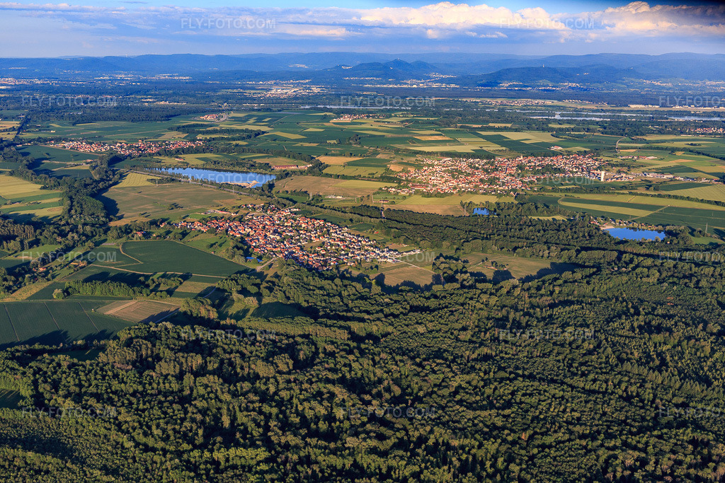Aerial view: View of the town from the west in Leutenheim in the state Bas-Rhin, France. – Photo: IMG_115513.jpg taken on 06/16/2019 by Werner Riehm/FLY-FOTO.com – Resolution of the original: 5472 x 3648 px