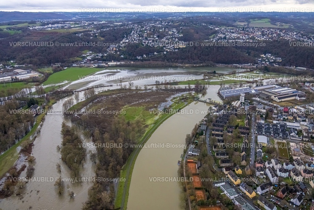 Wetter231201692Ruhr-topaz | Luftbild, Ruhrhochwasser, Weihnachtshochwasser 2023, Fluss Ruhr tritt nach starken Regenfällen über die Ufer, Überschwemmungsgebiet Ruhraue und Obergraben In den Weiden, Wetter, Ruhrgebiet, Nordrhein-Westfalen, Deutschland