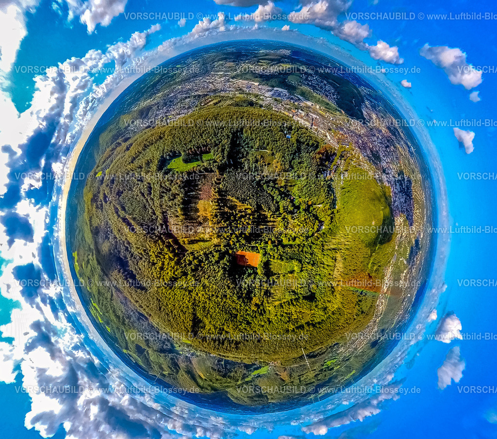 Hagen241090057DreiTuermeWeg | Luftbild, Drei TürmeWeg, bestehend aus Bismarckturm, Eugen-Richter-Turm und Kaiser-Friedrich-Turm, Waldgebiet, Erdkugel, Fisheye Aufnahme, Fischaugen Aufnahme, 360 Grad Aufnahme, tiny world, little planet, fisheye Bild, Haspe, Hagen, Ruhrgebiet, Nordrhein-Westfalen, Deutschland