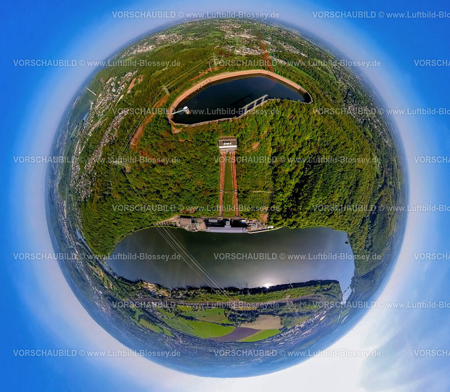 Herdecke240590189Hensteysee_RWE-Pumpspeicherbecken | Luftbild, Hengsteysee mit Koepchenwerk RWE Pumpspeicherkraftwerk und Speicherbecken, Ardeygebirge Waldgebiet, Erdkugel, Fisheye Aufnahme, Fischaugen Aufnahme, 360 Grad Aufnahme, tiny world, little planet, fisheye Bild, , Herdecke, Ruhrgebiet, Nordrhein-Westfalen, Deutschland