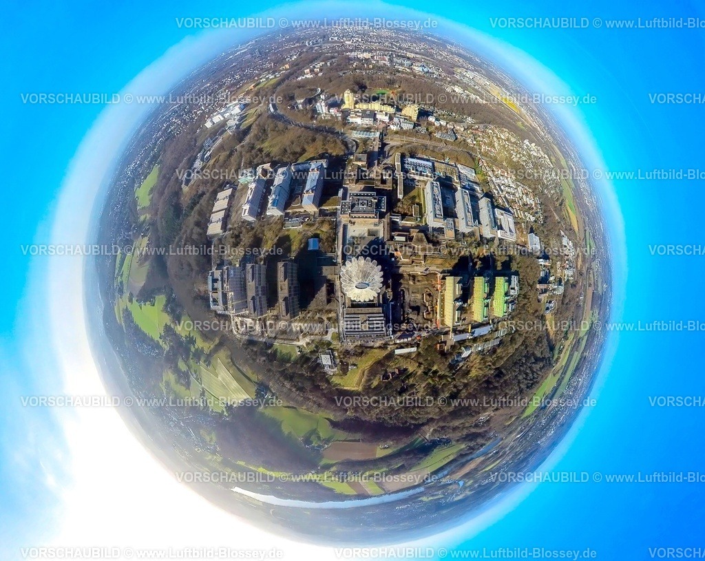 Bochum240190075FishRUB_UniversitaetBochum | Luftbild, Gebäudekomplex der RUB Ruhr-Universität Bochum mit muschelartigem Audimax Gebäude, Fisheye Aufnahme, Fischaugen Aufnahme, 360 Grad Aufnahme, tiny world, little planet, fisheye Bild, Querenburg, Bochum, Ruhrgebiet, Nordrhein-Westfalen, Deutschland