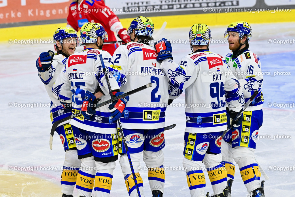 EC KAC vs. EC IDM Wärmepumpen VSV 5.11.2023 | Jubel EC EC VSV Mannschaft, #72 Hughes John, #55 Sabolic Robert, #2 MacPherson Dylan, #95 Katic Mark, #16 Hancock Kevin