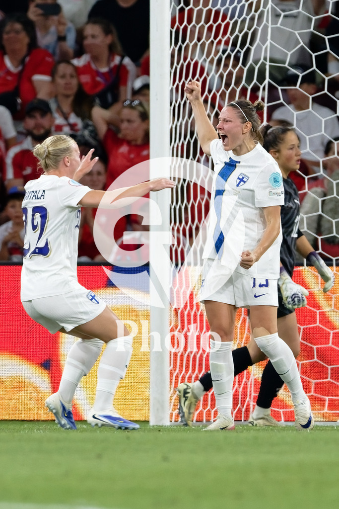 Finland v Switzerland: UEFA Women's EURO 2025 Group A | GENEVA, SWITZERLAND - JULY 10: Natalia Kuikka of Finland (R) celebrates after scoring her team's first goal with teammates Jutta Rantala of Finland (L) during the UEFA Women's EURO 2025 Group A match between Finland and Switzerland at Stade de Geneve on July 10, 2025 in Geneva, Switzerland. (Photo by Giuseppe Velletri/Sports Press Photo/Getty Images)