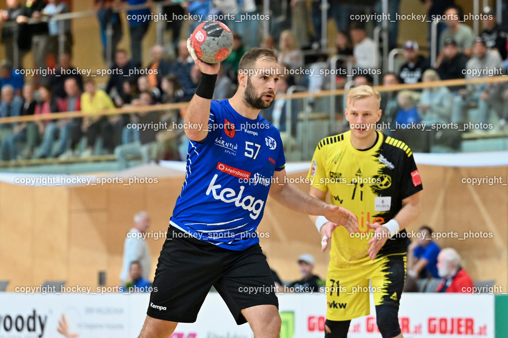 SC Ferlach vs. Bregenz Handball | #57 LEBAN Patrik SC Ferlach, #71 Schröder Andreas Bregenz Handball, SC Ferlach vs. Bregenz Handball, SC Ferlach vs. Bregenz Handball am 28.09.2024 in Ferlach (Ballspielhalle Ferlach), Austria, (Photo by Bernd Stefan)