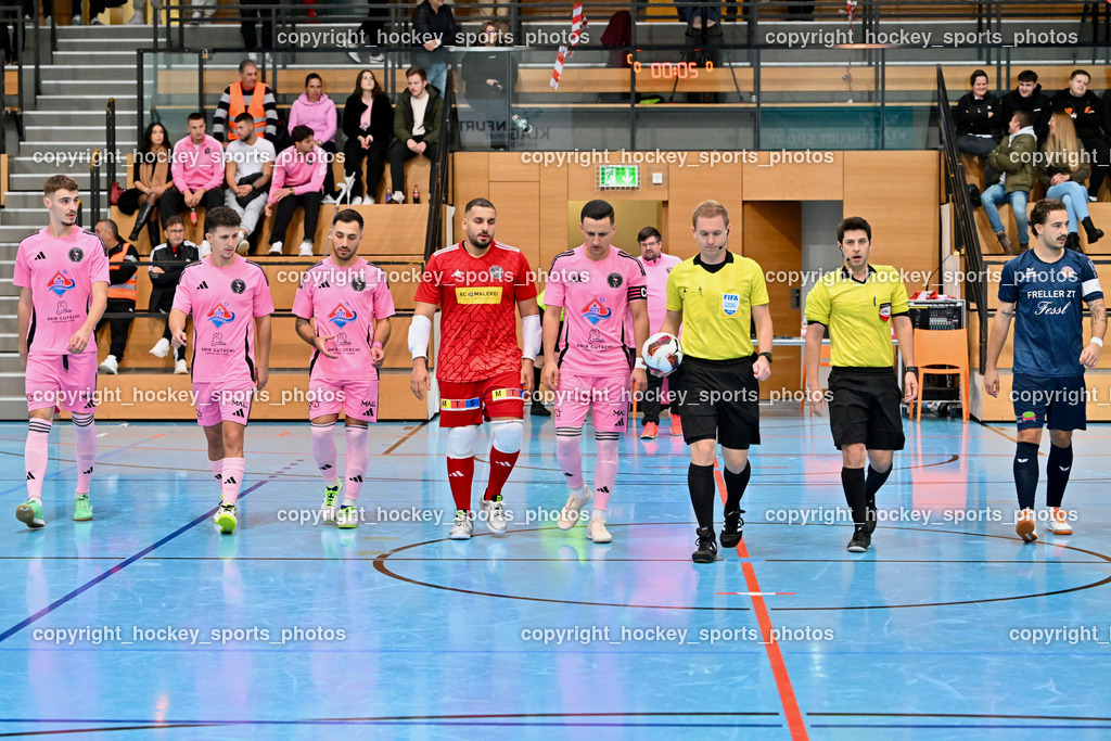 Carinthia Flamengo Futsal Club vs. LPSV-K | #2 Faris Buljubasic Carinthia Flamengo, #17 Hasan Kupinic Carinthia Flamengo, #70 Yosifov Svetlozar Angelov Carinthia Flamengo, #1 Youssef Helal Carinthia Flamengo, #7 Enes Brdjanovic Carinthia Flamengo, Daniel Stauber Referee, Bünyamin Kilicdagi Referee, #3 Nemanja Lukic LPSV-K,  Carinthia Flamengo Futsal Club vs. LPSV-K, Carinthia Flamengo Futsal Club vs. LPSV-K am 03.11.2024 in Klagenfurt (Ballspielhalle Viktring), Austria, (Photo by Bernd Stefan)