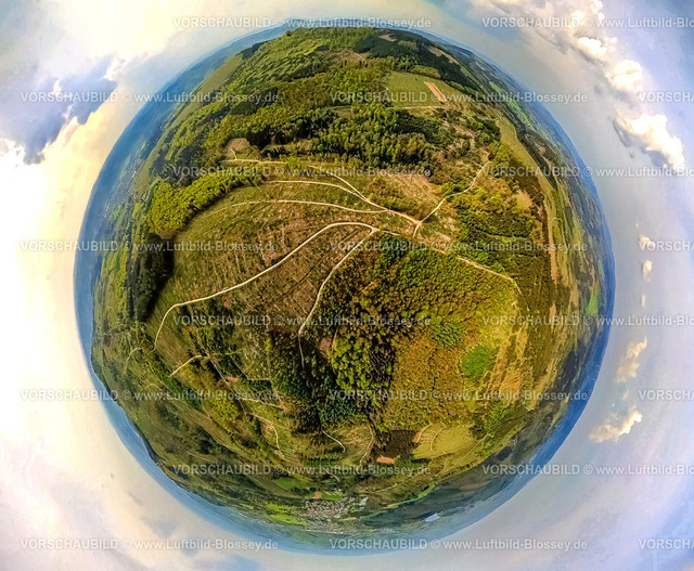 Kreuztal240590162Grubenfeld-Littfeld | Luftbild, Waldgebiet mit Waldschäden, Grubenfeld Grubengelände Littfeld, Erdkugel, Fisheye Aufnahme, Fischaugen Aufnahme, 360 Grad Aufnahme, tiny world, little planet, fisheye Bild, Littfeld, Kreuztal, Nordrhein-Westfalen, Deutschland
