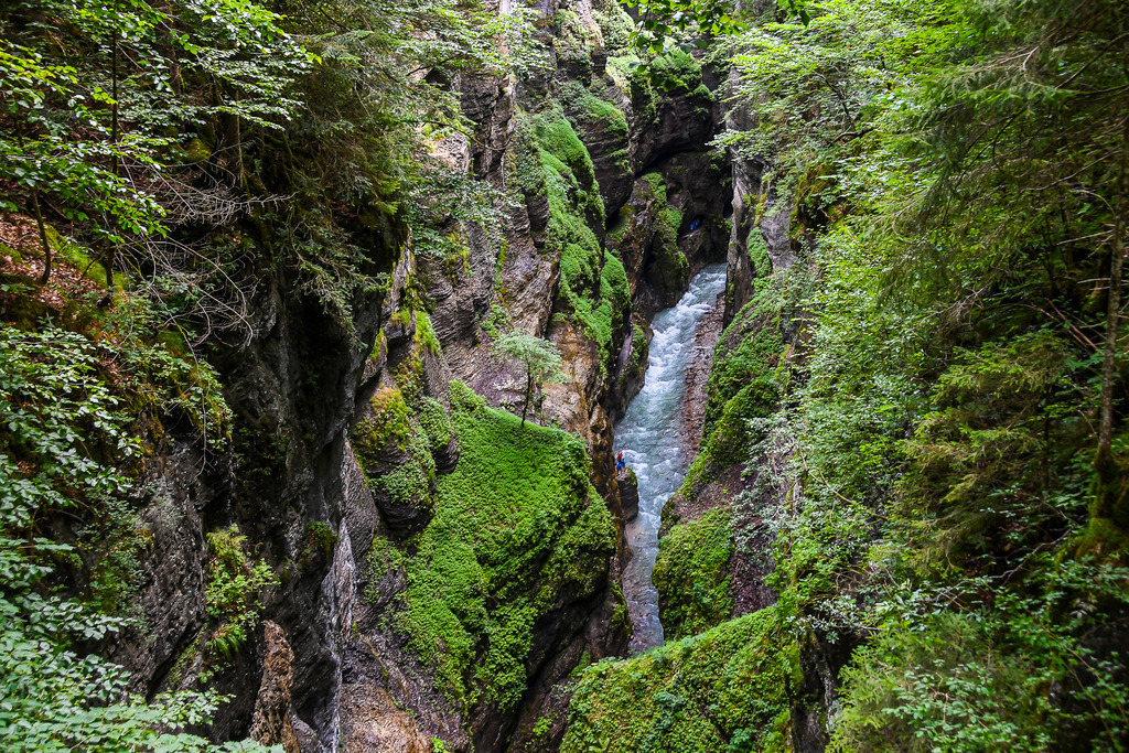 Faszinierende Tiefen der Partnachklamm | Ein spektakulärer Blick aus der Vogelperspektive offenbart die atemberaubende Tiefe der Partnachklamm bei Garmisch-Partenkirchen. Steil abfallende Felswände, überzogen von saftigem Moos und grünem Bewuchs, umschließen den wild schäumenden Gebirgsfluss tief im Canyon. Inmitten dieser gewaltigen Kulisse wirkt die Natur erhaben und mystisch zugleich. Das kühle Versteck bietet an heißen Sommertagen ein erfrischendes Abenteuer und lässt den Betrachter die unberührte Urkraft der Alpen spüren. - Realisiert mit Pictrs.com