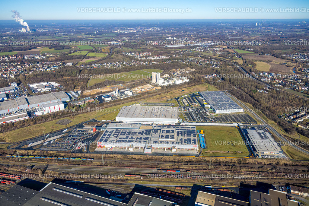 Dortmund260200124 | Luftbild, Gewerbegebiet mit Tesla Delivery Hub Dortmund Innenstadt-Nord, Bergisch Westerwälder Hartsteinwerke, Logistikzentrum Rewe und Logistikzentrum Amazon, Walzwerkstraße, Borsigplatz, Dortmund, Ruhrgebiet, Nordrhein-Westfalen, Deutschland