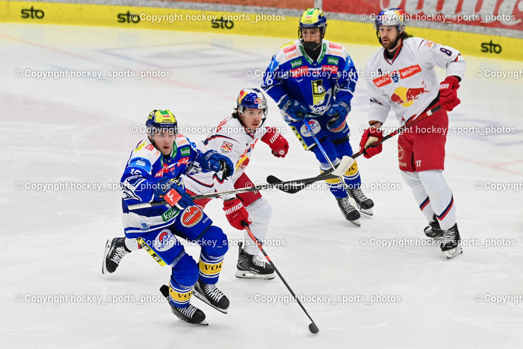 EC IDM Wärmepumpen VSV vs. EC Red Bull VSV | #12 Brett Budgell EC VSV, #46 Paul Sintschnig EC VSV, #8 Connor Corcoran EC Red Bull Salzburg, EC IDM Wärmepumpen VSV vs. EC Red Bull VSV, EC IDM Wärmepumpen VSV vs. EC Red Bull Salzburg am 16.01.2026 in Villach (Stadthalle Villach), Austria, (Photo by Bernd Stefan)